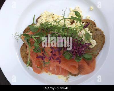 Scrambled egg and smoked salmon and brown rye bread Stock Photo