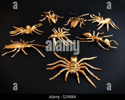 Shiny gold spiders and bugs on a black background. Stock Photo