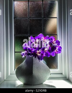 Purple flowers in a grey vase on windowsill Stock Photo