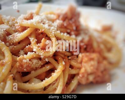 Homemade pasta bucatini amatriciana with tomato sauce, cured pork cheek and grated pecorino cheese Stock Photo