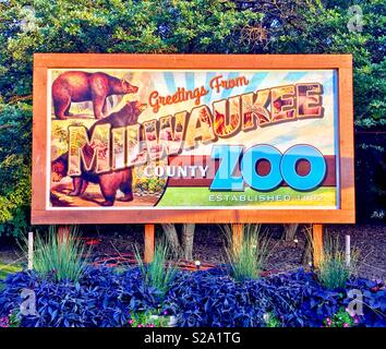 Milwaukee County Zoo sign designed like old-fashioned postcard Stock Photo