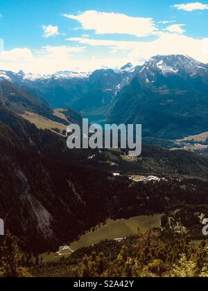 A scenic view from Hitler's Eagles Nest, Germany, still sits on a mountain peak high above Berchtesgaden in the Bavarian Alps. Stock Photo