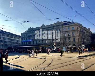 Paradeplatz with Buildings of UBS and Credit Suisse, and busy Tram Station, Zurich, Switzerland, Europe Stock Photo