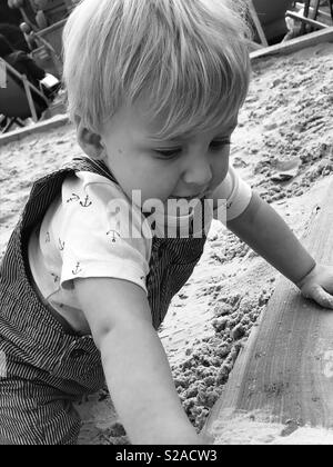 Toddler boy playing in sand pit Stock Photo
