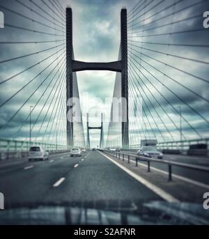 Second Severn crossing aka Prince of Wales bridge from Wales to England, M4, outside lane. Stock Photo