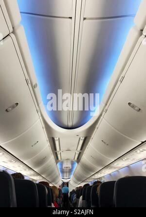 Interior lighting and decor of a TUI Boeing 737 jet Stock Photo