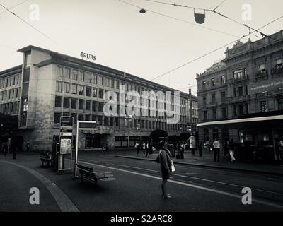 Zurich, Paradeplatz, Buildings of Credit Suisse to the Right and UBS to the Left, Switzerland Stock Photo