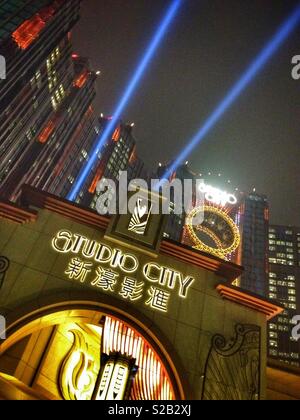 Studio City hotel, casino and shopping complex, Macau, featuring the Golden Reel, the world’s first figure-8 ferris wheel. 8 is a lucky number in Chinese culture. Stock Photo