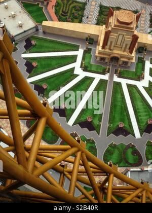 The formal garden on level 3 of the Studio City hotel, casino and shopping complex, Macau, seen from the Golden Reel, the world’s first figure-8 Ferris wheel Stock Photo