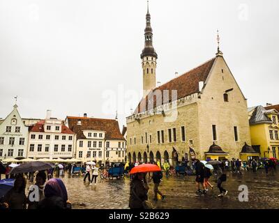 Tallin Town Hall Square in the centre of Tallin Old Town in Estonia Stock Photo