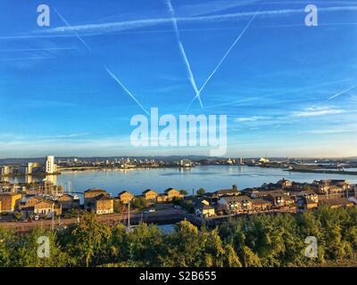 Overview of Cardiff Bay and the barrage, from Penarth heights, Cardiff, Wales. Stock Photo