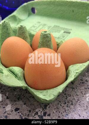 Four brown organic eggs in a cardboard egg box Stock Photo