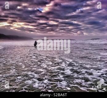 Angler fishing in the surf for Bass at Llangennith beach, Gower, Wales. Stock Photo