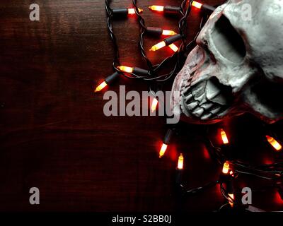 Halloween decor on a dark wood table Stock Photo