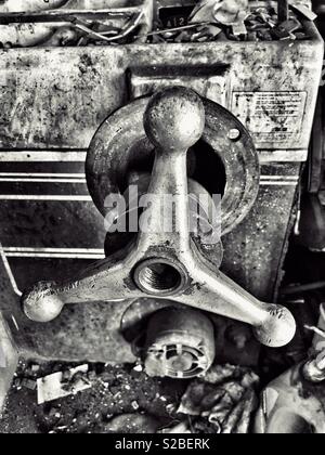 Wheel balance machine in a garage workshop environment. Stock Photo