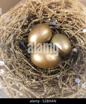 Gold colored eggs in a gilded nest, USA Stock Photo