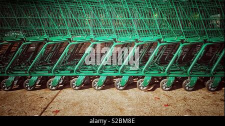 Row of empty green shopping cart trolleys at a grocery supermarket store. Stock Photo