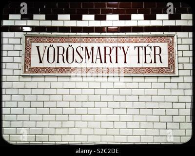 Tiled sign for the Vorosmarty Ter (Square) metro station, Budapest, Hungary. Stock Photo