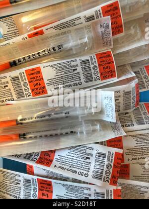 Micro-fine insulin syringes for sub cutaneous injections Stock Photo
