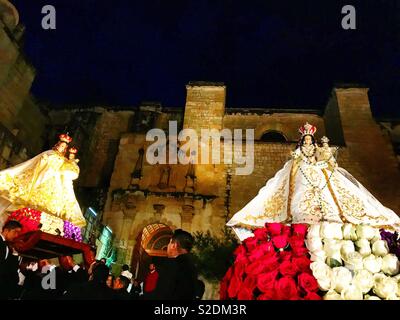 Images of the Virgin of the Rosary are displayed during a religious celebration in the Templo de Santo Domingo in Oaxaca, Mexico Stock Photo