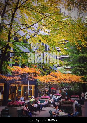Office workers and tourists enjoying a pleasant day in a pocket park in midtown Manhattan, NYC, USA Stock Photo