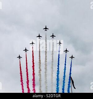 RAF red Arrows flying in formation overhead during the RAF centennial celebrations in London. 2018 Stock Photo