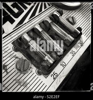 Agria tractor fusebox with glass fuses, Spain. Stock Photo