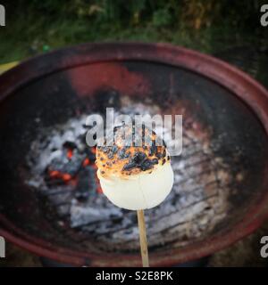 A white marshmallow toasted on a barbecue in the summer Stock Photo