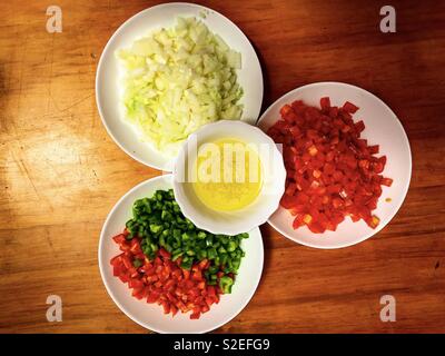 Mix of vegetables. Tomato, onion, garlic, olive, red and green pepper Stock Photo