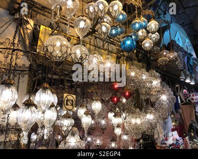 Grand Bazaar, famous indoor market of Istanbul, view over multicolored turkish lamps Stock Photo