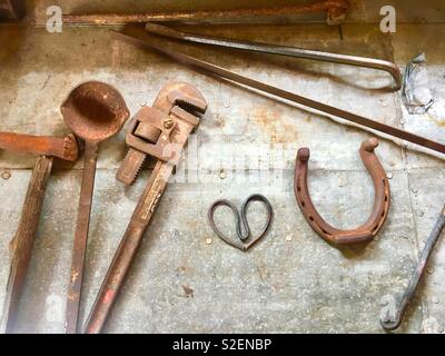 Workshop tools blacksmith horseshoe Stock Photo