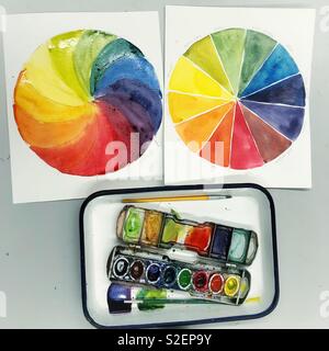 Hand painted watercolor color wheels and pan with paintbox and brush Stock Photo