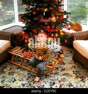 Two year old boy in front of a Christmas tree, Hampshire, England, United Kingdom. Stock Photo