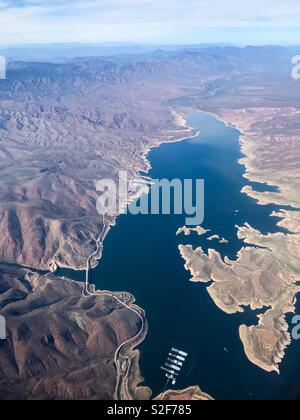 Aerial view of Roosevelt Lake and marina in Gila County, Arizona. Stock Photo