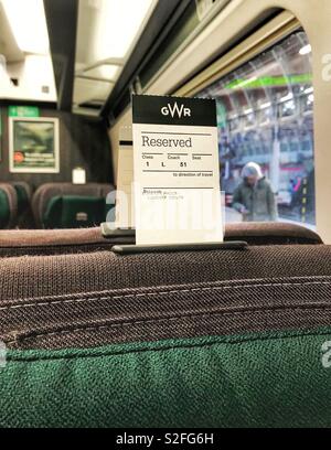 Ticket on the back of a reserved seat on a train operated by Great Western Railway Stock Photo