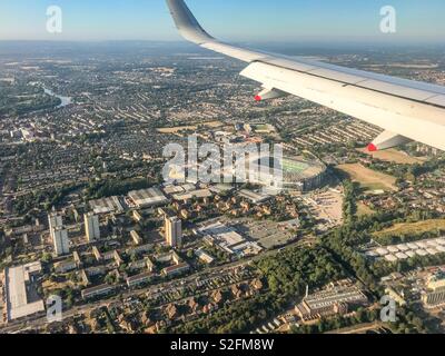 Aerial view of the Twickenham rugby stadium and surrounding residential area from an aircraft about to land at London Heathrow airport. Stock Photo