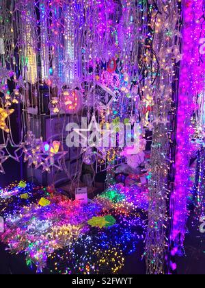 LED lights for sale for Christmas in a street market in Sham Shui Po, Kowloon, Hong Kong Stock Photo