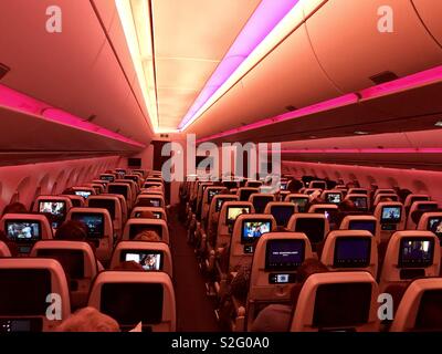 Airplane economy class cabin of an Airbus A350 of Qatar Airways in flight at night with colored lights and passengers using the inflight entertainment screens.