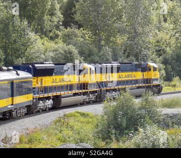 Alaska Railroad train rounds the bend. Stock Photo