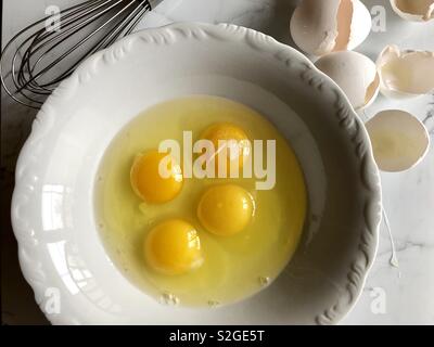 Egg yolks in a white bowl Stock Photo