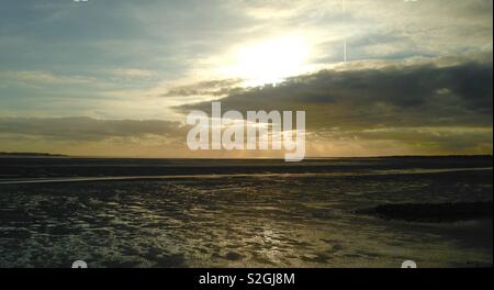 Low Tide looking out to the Bristol Channel from the Millennium Coastal Path Llanelli, Wales. Stock Photo