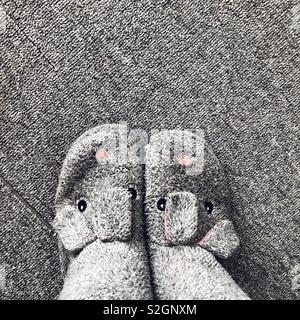 Grey bunny slippers on grey carpet from creative point of view Stock Photo