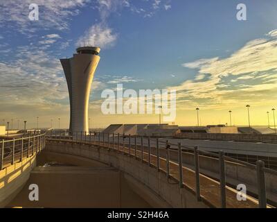 San Francisco Airport control tower at sunrise, California, USA Stock Photo