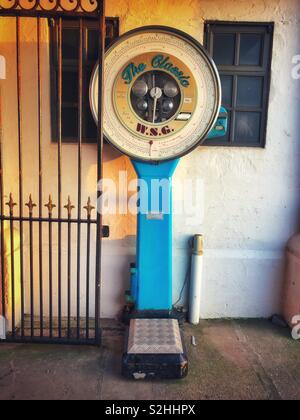 Old fashioned weighing machine on Penarth pier. Stock Photo