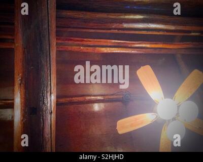 Catwalk and wooden beam in view looking at cabin ceiling Stock Photo