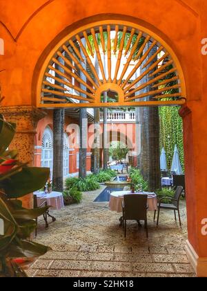 The interior of a colonial building in Old Town Cartagena, Colombia. Stock Photo