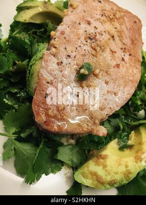 Close up of a gourmet entrée of seared fresh tuna on a bed of avocado and cilantro. Stock Photo