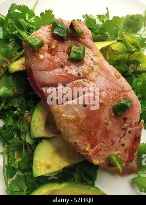 Close up of a gourmet entrée of seared fresh tuna on a bed of avocado and cilantro with jalapeño spices. Stock Photo