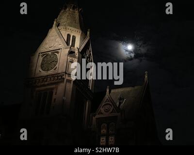 Pembroke College’s library with a full moon in the background. University of Cambridge. Stock Photo