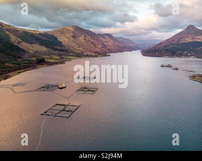 The salmon farm on Loch Leven in Scotland with the Pap of Glencoe to the right. Stock Photo